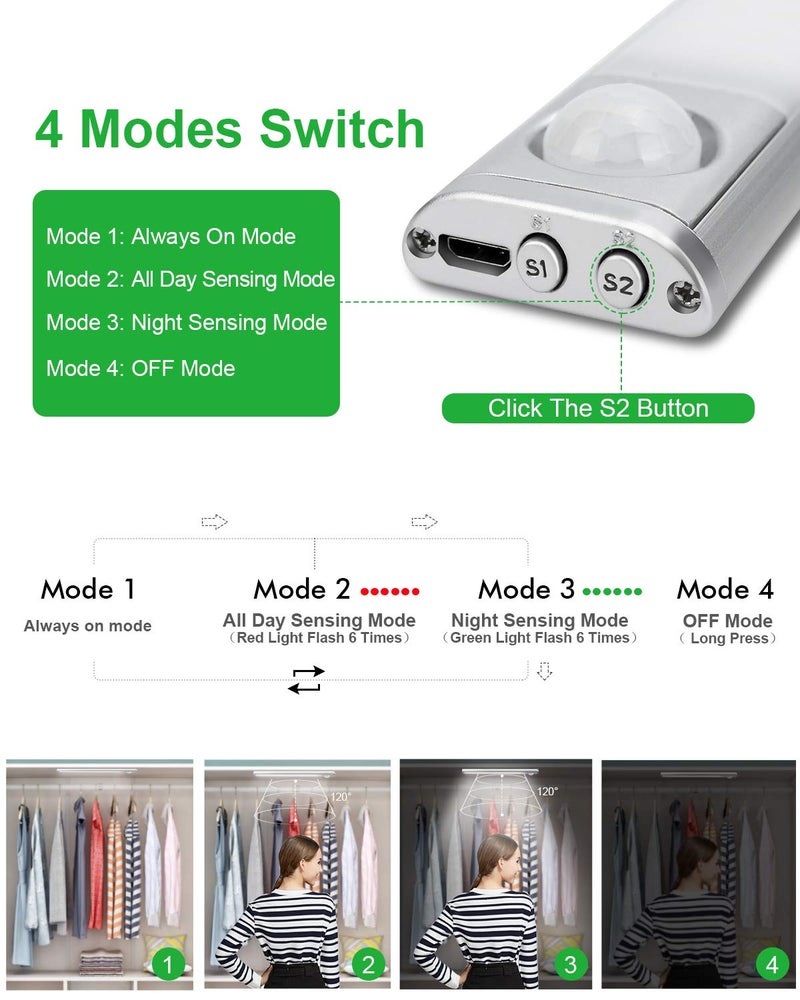 goodland Under Cabinet Lighting 80 LED Closet Light, Motion Sensor Lights Indoor USB Rechargeable Dimmable Stick-on Night Light Bar for Kitchen, Wardrobe, Garage, Stairs, Bedroom (3 Packs) - Image 4